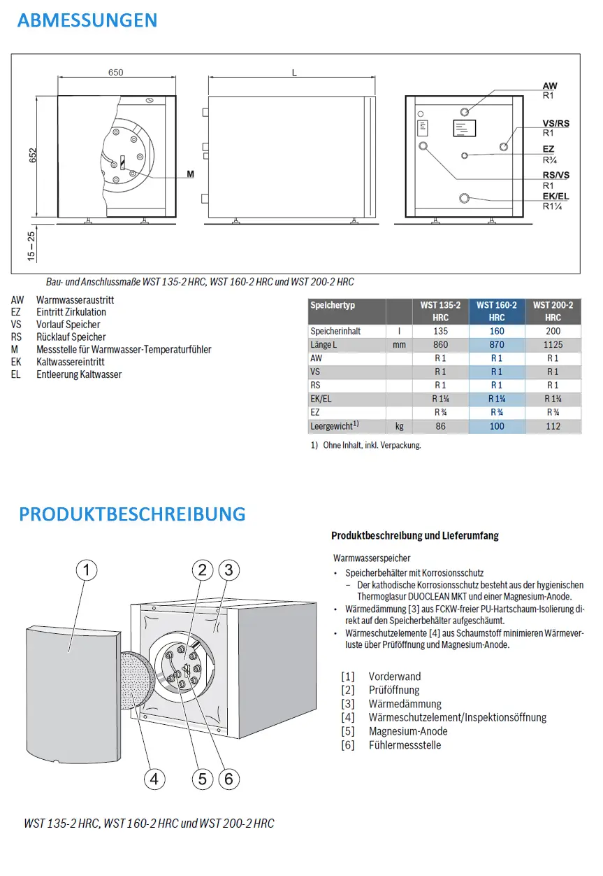 Wärmemarkenspeicher von Bosch, dargestellt mit Anschlüssen und Maßen. Informationen zu Temperaturen, Korrosionsschutz und technischen Details sind ebenfalls abgebildet.